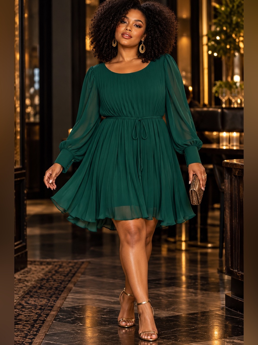 Torrid Green Pleated Long-Sleeve Mini Dress Elegant Moody Dark Femme